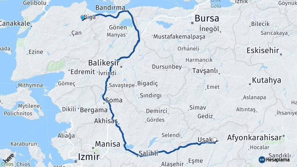 Çanakkale Biga Uşak Arası Kaç Km - Yol Haritası