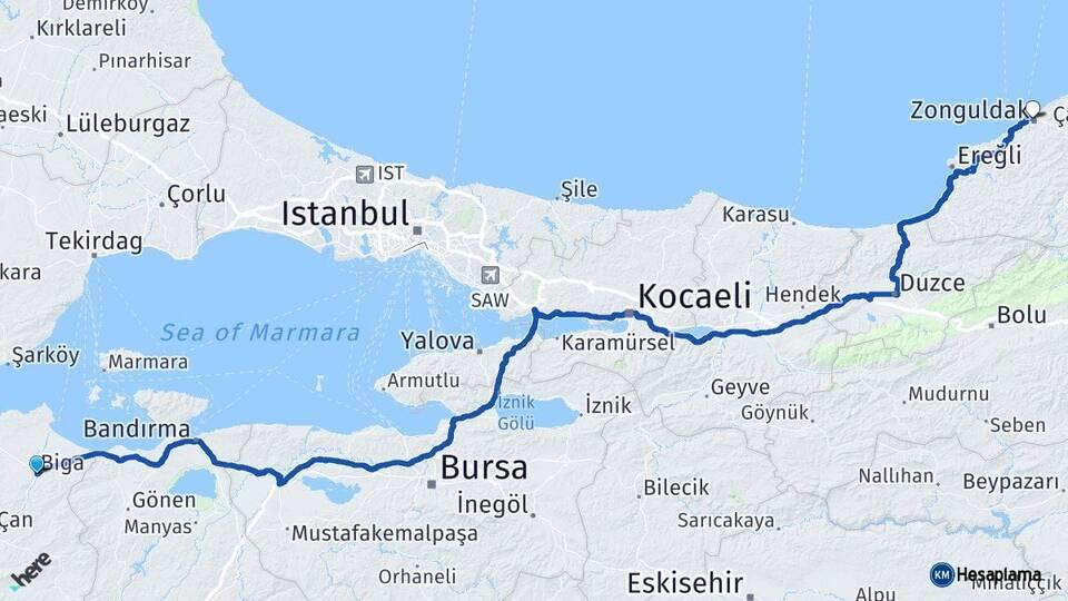 Çanakkale Biga Zonguldak Arası Kaç Km - Yol Haritası