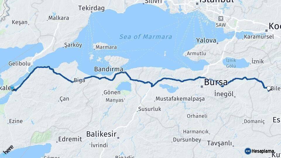 Çanakkale Bilecik Arası Kaç Km - Yol Haritası