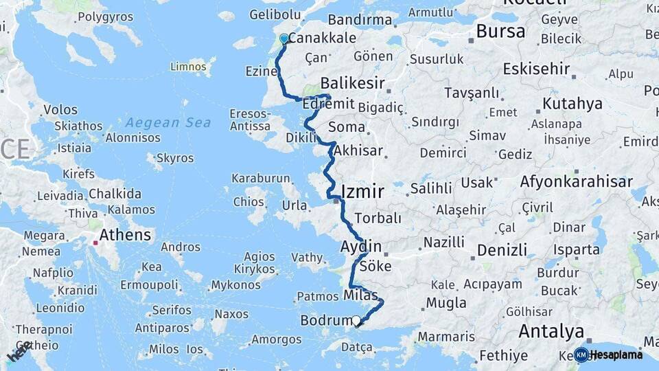 Çanakkale Bodrum Muğla Arası Kaç Km - Yol Haritası