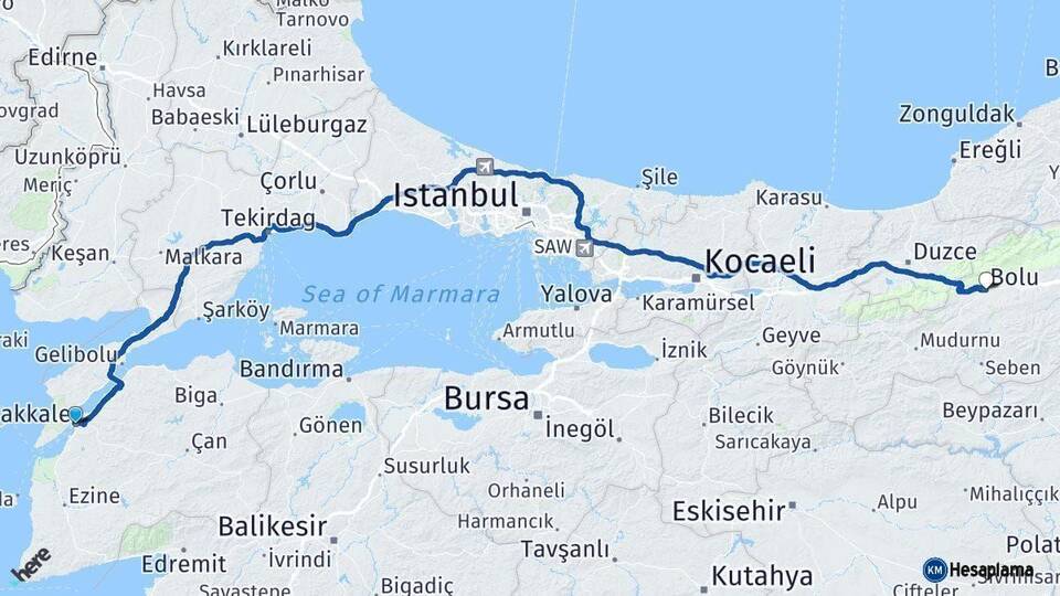 Çanakkale Bolu Arası Kaç Km - Yol Haritası