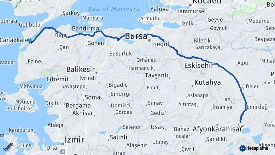 Çanakkale Bolvadin Afyonkarahisar Arası Kaç Km - Yol Haritası