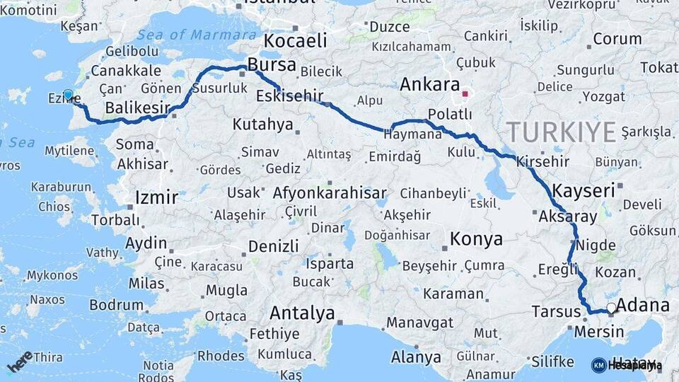 Çanakkale Bozcaada Adana Arası Kaç Km - Yol Haritası
