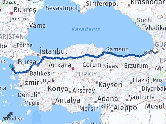 Çanakkale Bozcaada Artvin Arası Kaç Km - Yol Haritası