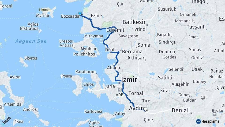 Çanakkale Bozcaada Aydın Arası Kaç Km - Yol Haritası