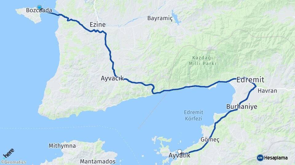 Çanakkale Bozcaada Ayvalık Balıkesir Arası Kaç Km - Yol Haritası