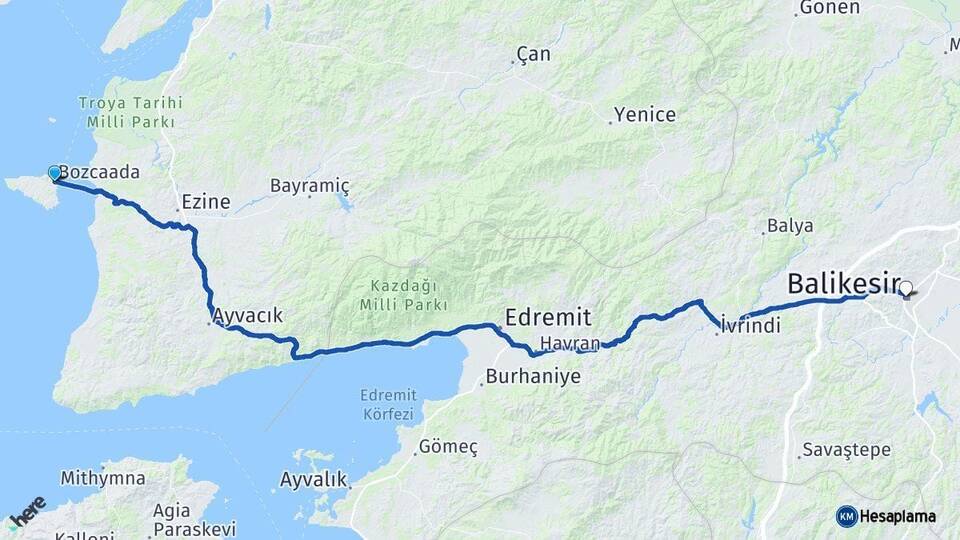 Çanakkale Bozcaada Balıkesir Arası Kaç Km - Yol Haritası