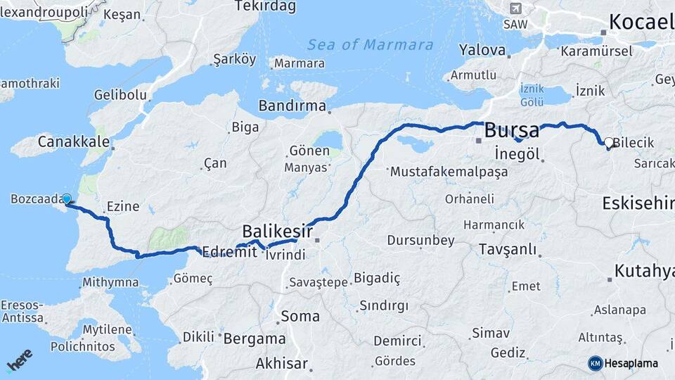 Çanakkale Bozcaada Bilecik Arası Kaç Km - Yol Haritası