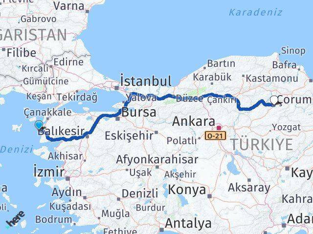 Çanakkale Bozcaada Çorum Arası Kaç Km - Yol Haritası