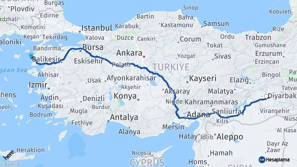 Çanakkale Bozcaada Diyarbakır Arası Kaç Km - Yol Haritası