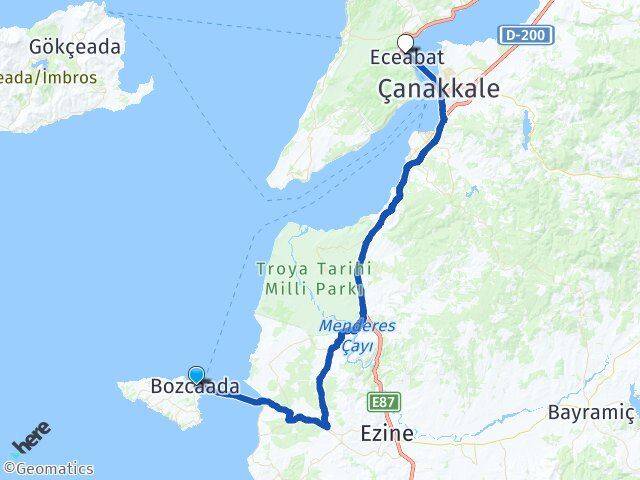 Çanakkale Bozcaada Eceabat Arası Kaç Km - Yol Haritası
