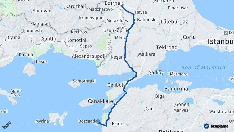 Çanakkale Bozcaada Edirne Arası Kaç Km - Yol Haritası