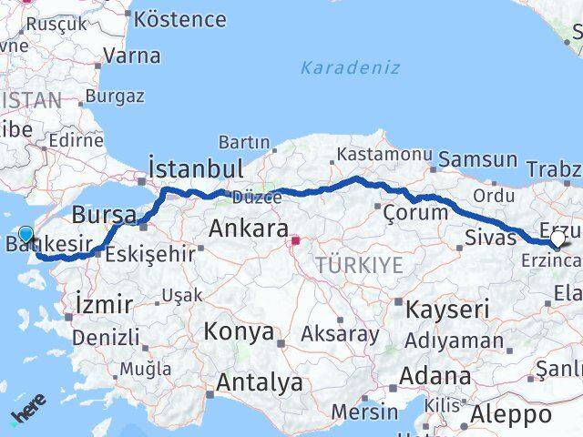 Çanakkale Bozcaada Erzincan Arası Kaç Km - Yol Haritası