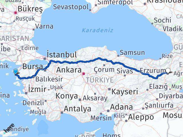 Çanakkale Bozcaada Erzurum Arası Kaç Km - Yol Haritası