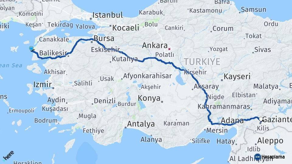 Çanakkale Bozcaada Gaziantep Arası Kaç Km - Yol Haritası