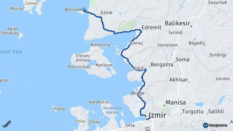 Çanakkale Bozcaada İzmir Arası Kaç Km - Yol Haritası