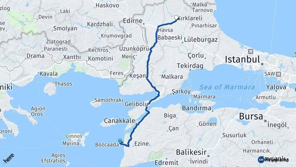 Çanakkale Bozcaada Kırklareli Arası Kaç Km - Yol Haritası