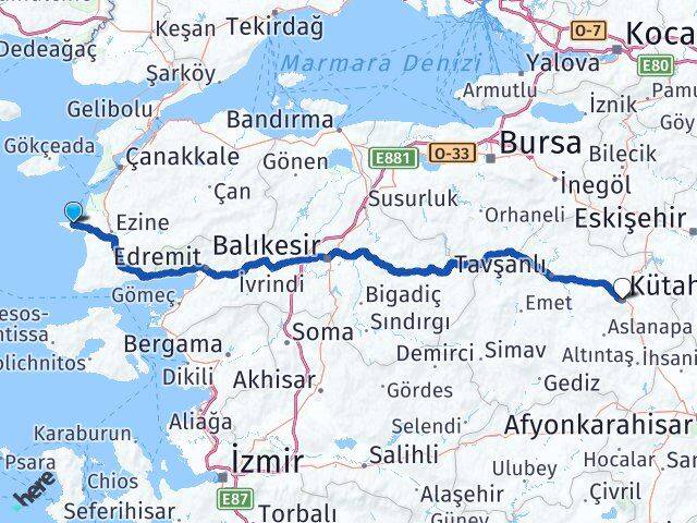 Çanakkale Bozcaada Kütahya Arası Kaç Km - Yol Haritası