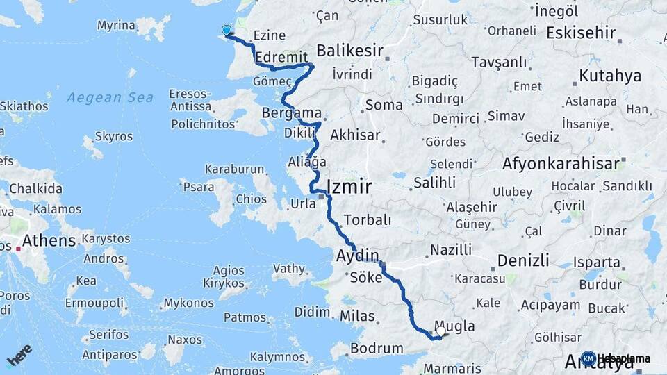 Çanakkale Bozcaada Muğla Arası Kaç Km - Yol Haritası
