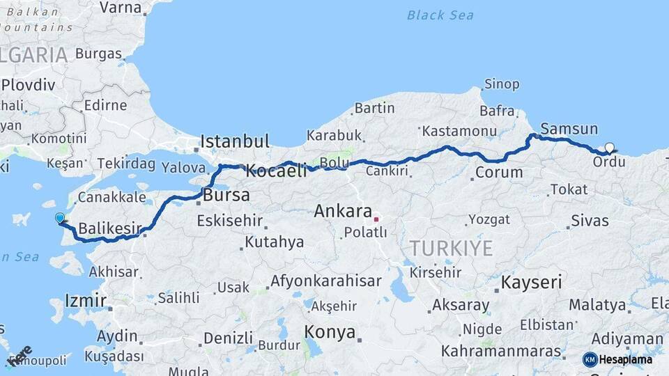 Çanakkale Bozcaada Ordu Arası Kaç Km - Yol Haritası