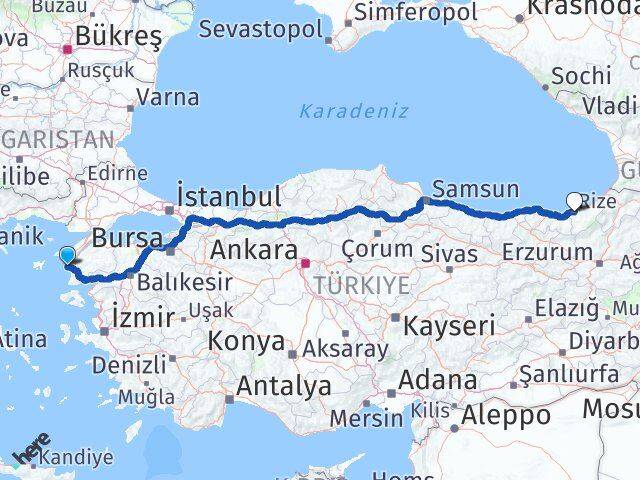 Çanakkale Bozcaada Rize Arası Kaç Km - Yol Haritası