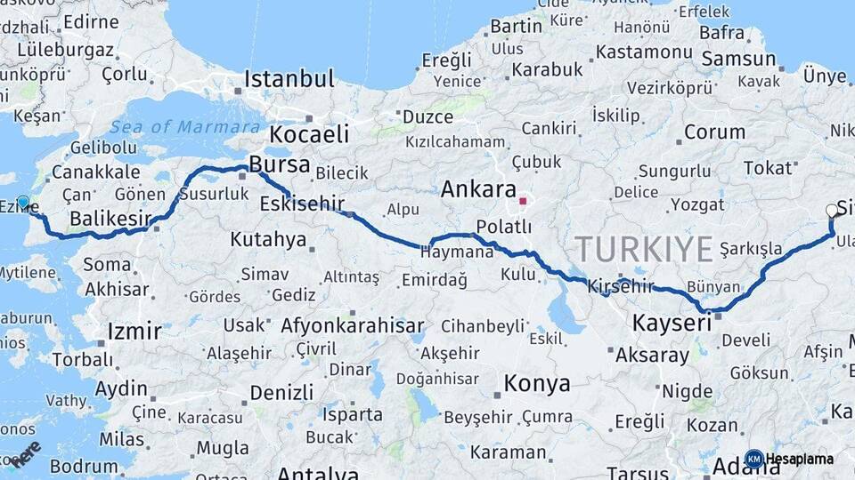 Çanakkale Bozcaada Sivas Arası Kaç Km - Yol Haritası