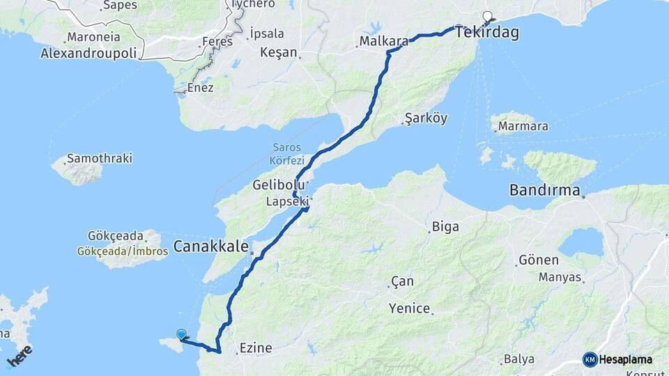 Çanakkale Bozcaada Tekirdağ Arası Kaç Km - Yol Haritası