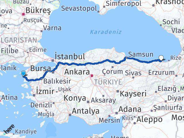 Çanakkale Bozcaada Trabzon Arası Kaç Km - Yol Haritası