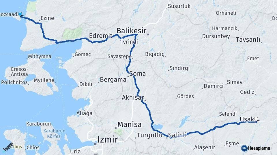 Çanakkale Bozcaada Uşak Arası Kaç Km - Yol Haritası