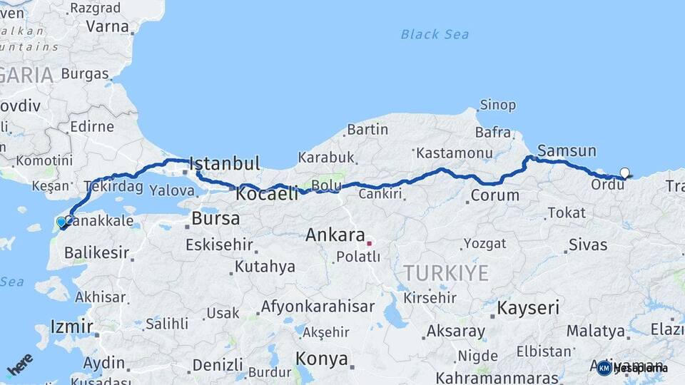 Çanakkale Bulancak Giresun Arası Kaç Km - Yol Haritası