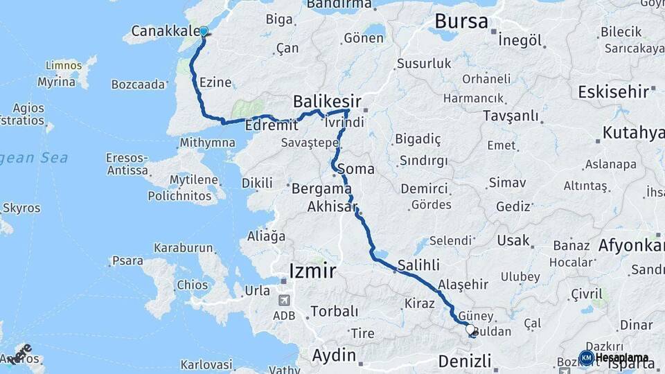 Çanakkale Buldan Denizli Arası Kaç Km - Yol Haritası