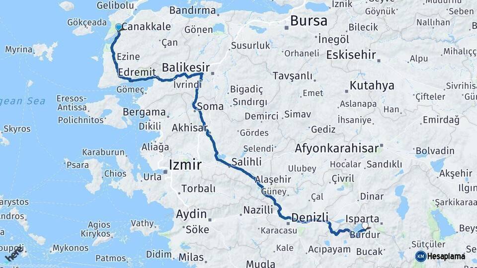 Çanakkale Burdur Arası Kaç Km - Yol Haritası