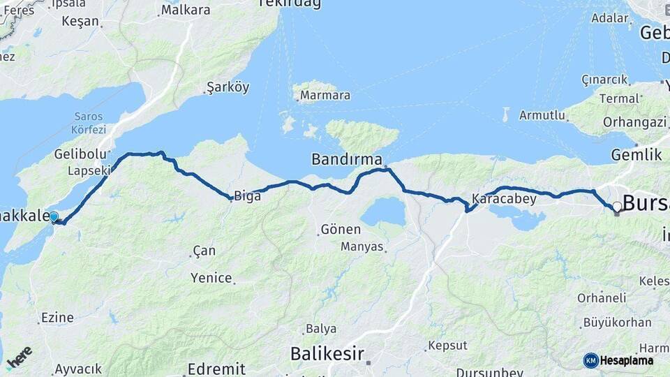 Çanakkale Bursa Arası Kaç Km - Yol Haritası
