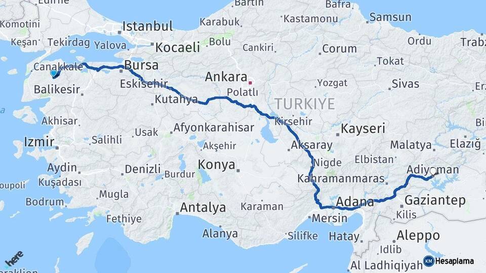 Çanakkale Çan Adıyaman Arası Kaç Km - Yol Haritası