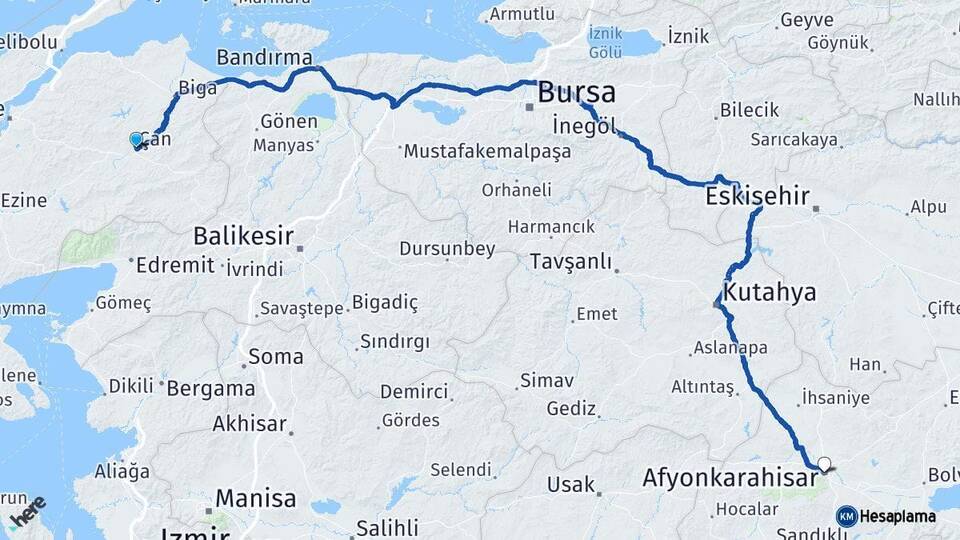 Çanakkale Çan Afyonkarahisar Arası Kaç Km - Yol Haritası