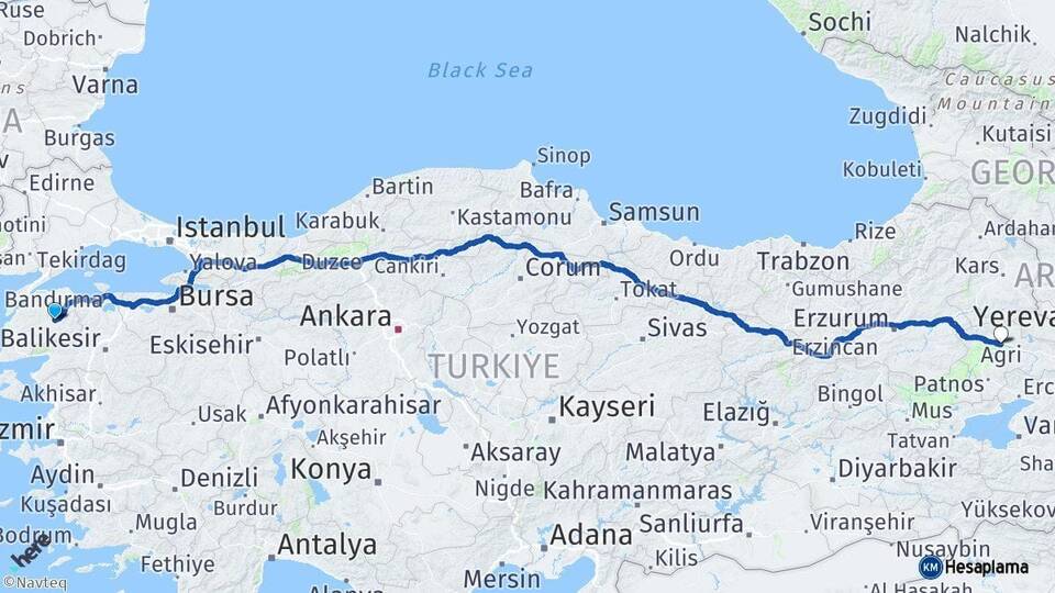 Çanakkale Çan Ağrı Arası Kaç Km - Yol Haritası