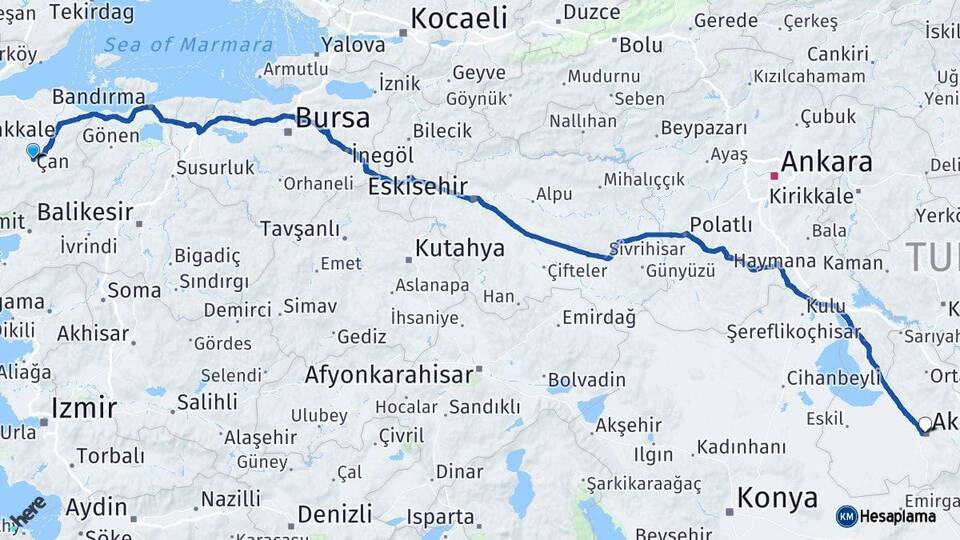 Çanakkale Çan Aksaray Arası Kaç Km - Yol Haritası
