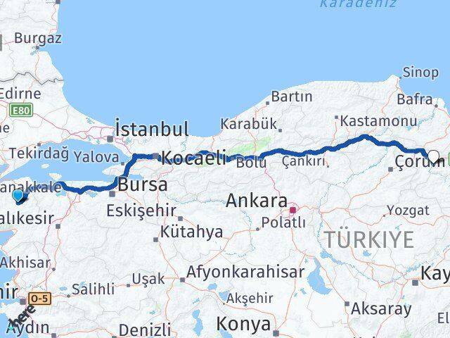 Çanakkale Çan Amasya Arası Kaç Km - Yol Haritası