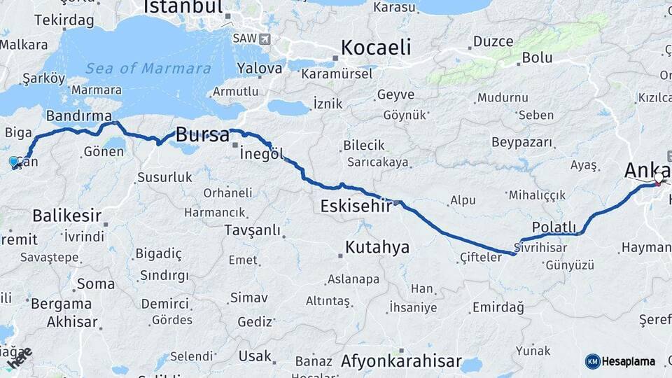 Çanakkale Çan Ankara Arası Kaç Km - Yol Haritası
