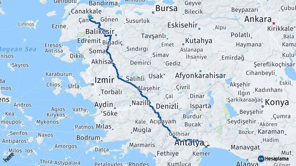 Çanakkale Çan Antalya Arası Kaç Km - Yol Haritası