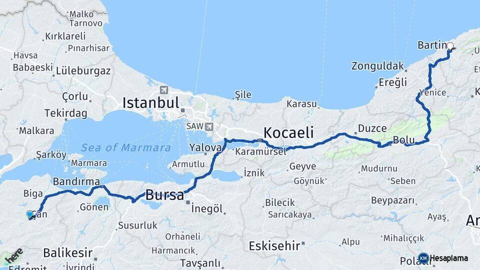Çanakkale Çan Bartın Arası Kaç Km - Yol Haritası
