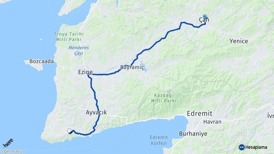 Çanakkale Çan Bektaş Ayvacık Arası Kaç Km - Yol Haritası