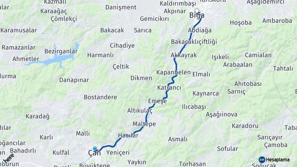 Çanakkale Çan Biga Arası Kaç Km - Yol Haritası