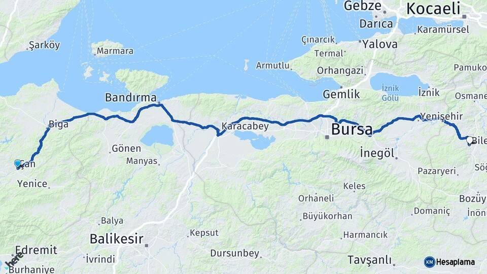 Çanakkale Çan Bilecik Arası Kaç Km - Yol Haritası