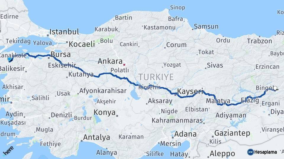 Çanakkale Çan Bingöl Arası Kaç Km - Yol Haritası