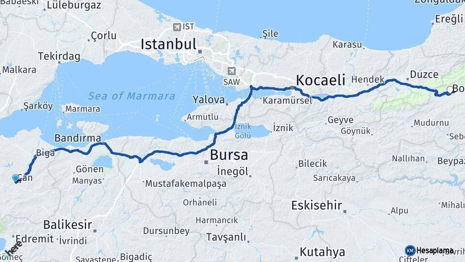 Çanakkale Çan Bolu Arası Kaç Km - Yol Haritası