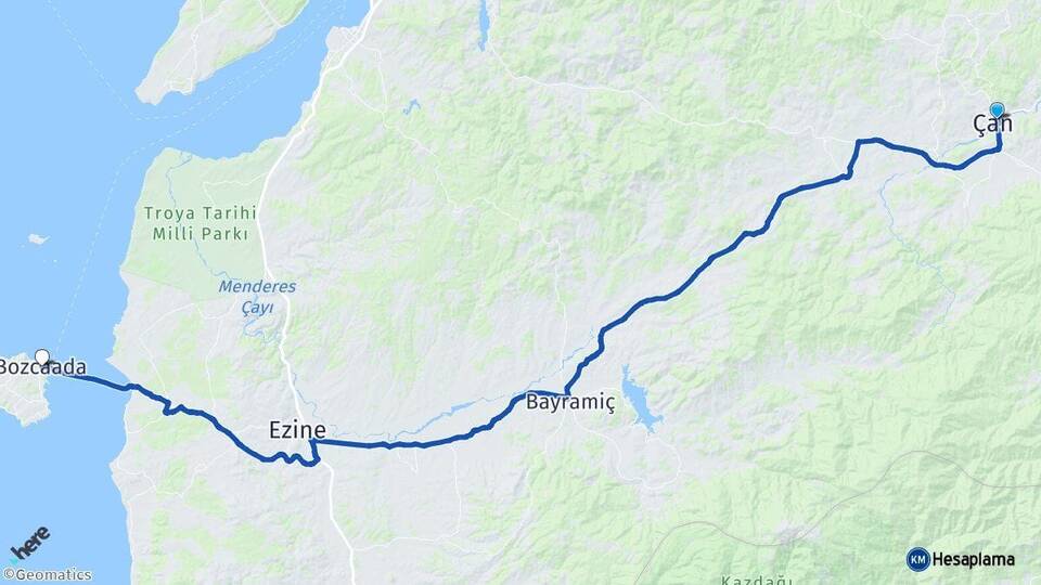 Çanakkale Çan Bozcaada Arası Kaç Km - Yol Haritası