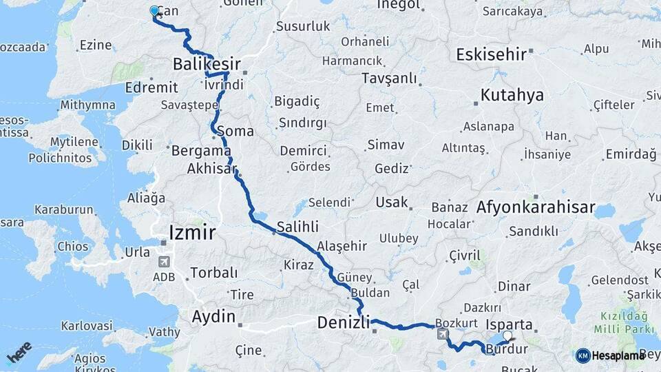 Çanakkale Çan Burdur Arası Kaç Km - Yol Haritası
