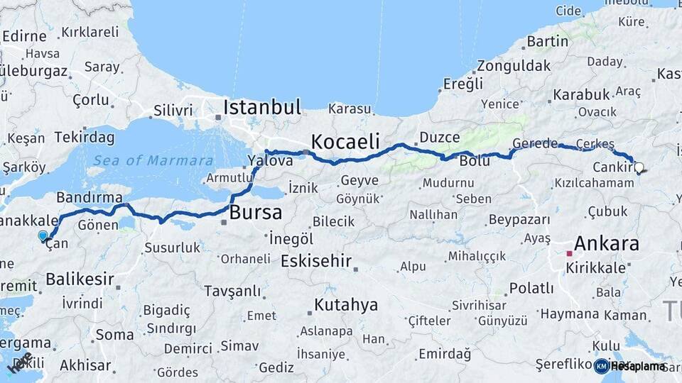 Çanakkale Çan Çankırı Arası Kaç Km - Yol Haritası