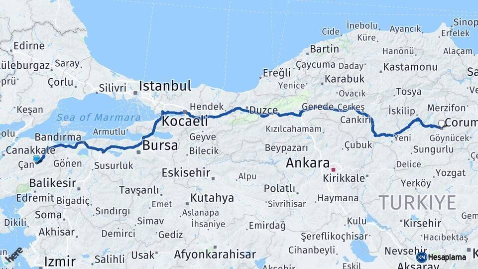 Çanakkale Çan Çorum Arası Kaç Km - Yol Haritası